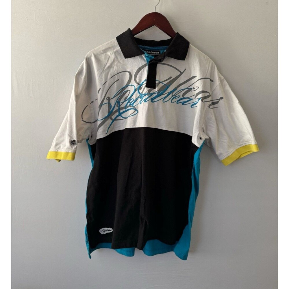 Rocawear Polo Shirt Mens Large Y2K Hip Hop Colorblock Graphic Spellout Cotton